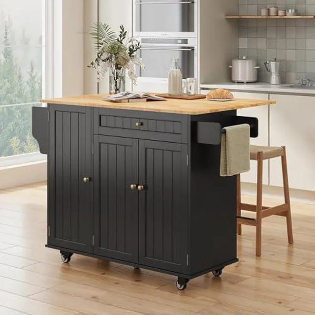 Alt view image 6 of 7 - Ahomly Kitchen Island with Storage, Island Table for Kitchen with Drop Leaf, 5 Wheels, a Drawer, Spicy Rack and Towel Bar, Black