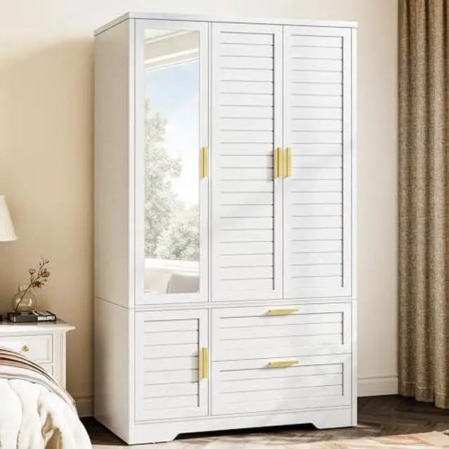 Main image of Armoire Wardrobe Closet with Mirror - 71 Wood Clothing Storage Cabinet, Wardrobe Closet with Doors & 2 Drawers, Freestanding Bedroom Armoires and Wardrobes for Hanging Clothes, 3 Doors, White