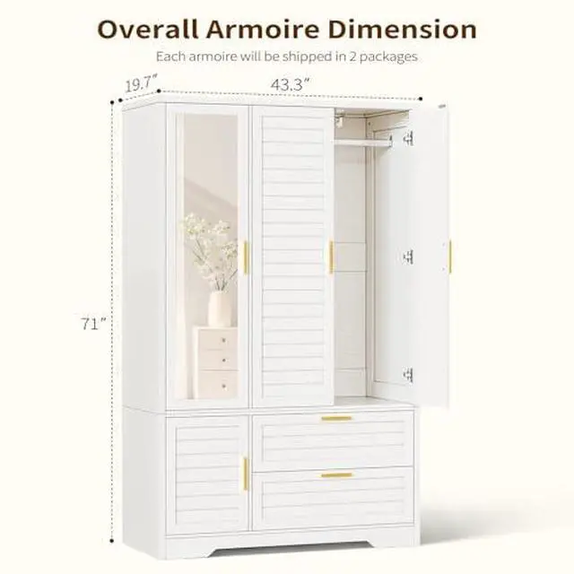 Alt view image 2 of 6 - Armoire Wardrobe Closet with Mirror - 71 Wood Clothing Storage Cabinet, Wardrobe Closet with Doors & 2 Drawers, Freestanding Bedroom Armoires and Wardrobes for Hanging Clothes, 3 Doors, White