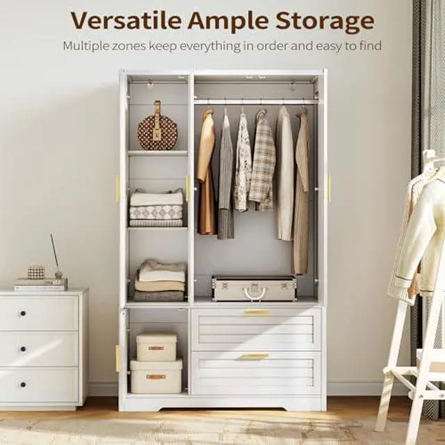 Alt view image 5 of 6 - Armoire Wardrobe Closet with Mirror - 71 Wood Clothing Storage Cabinet, Wardrobe Closet with Doors & 2 Drawers, Freestanding Bedroom Armoires and Wardrobes for Hanging Clothes, 3 Doors, White