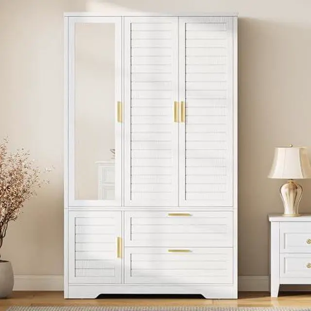 Alt view image 3 of 6 - Armoire Wardrobe Closet with Mirror - 71 Wood Clothing Storage Cabinet, Wardrobe Closet with Doors & 2 Drawers, Freestanding Bedroom Armoires and Wardrobes for Hanging Clothes, 3 Doors, White