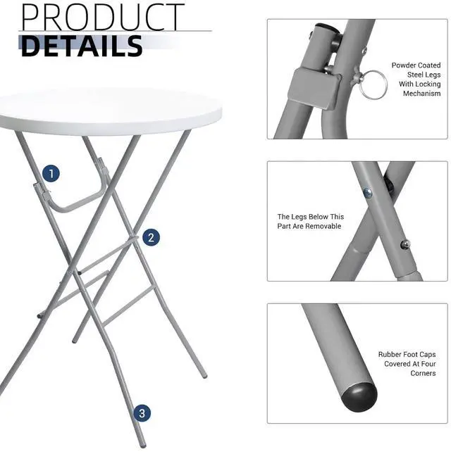 Alt view image 5 of 7 - Byliable 32in Cocktail Table White High Top Folding, Portable Bar Height Folding Table Round with Removable Gray Legs, Indoor Outdoor Banquet for Parties, Commercial, Speech, Dining