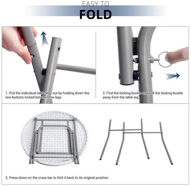 Alt view image 7 of 7 - Byliable 32in Cocktail Table White High Top Folding, Portable Bar Height Folding Table Round with Removable Gray Legs, Indoor Outdoor Banquet for Parties, Commercial, Speech, Dining