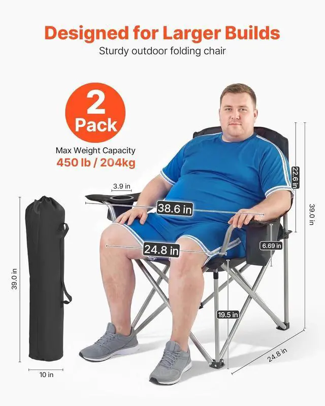 Alt view image 3 of 7 - Oversized Camping Folding Chair, Portable Heavy Duty Outdoor Quad Lumbar Back Padded with Side Pockets, Cup Holder and Cooler Bag for Beach, Lawn, Picnic, Fishing, Backpacking, 2 Pack