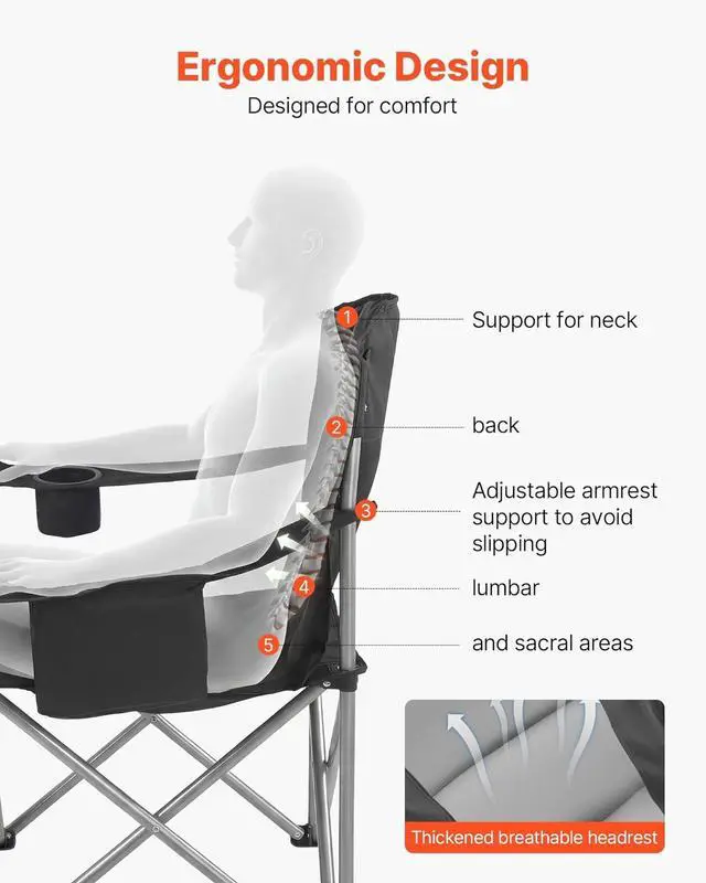 Alt view image 4 of 7 - Oversized Camping Folding Chair, Portable Heavy Duty Outdoor Quad Lumbar Back Padded with Side Pockets, Cup Holder and Cooler Bag for Beach, Lawn, Picnic, Fishing, Backpacking, 2 Pack