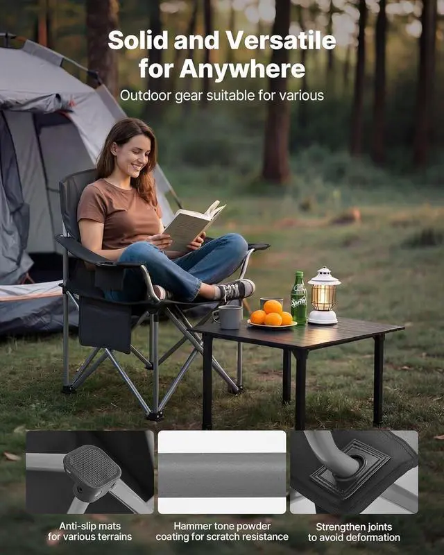 Alt view image 5 of 7 - Oversized Camping Folding Chair, Portable Heavy Duty Outdoor Quad Lumbar Back Padded with Side Pockets, Cup Holder and Cooler Bag for Beach, Lawn, Picnic, Fishing, Backpacking, 2 Pack