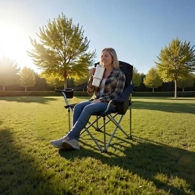 Alt view image 2 of 7 - Oversized Camping Folding Chair, Portable Heavy Duty Outdoor Quad Lumbar Back Padded with Side Pockets, Cup Holder and Cooler Bag for Beach, Lawn, Picnic, Fishing, Backpacking, 2 Pack