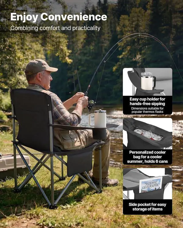 Alt view image 6 of 7 - Oversized Camping Folding Chair, Portable Heavy Duty Outdoor Quad Lumbar Back Padded with Side Pockets, Cup Holder and Cooler Bag for Beach, Lawn, Picnic, Fishing, Backpacking, 2 Pack