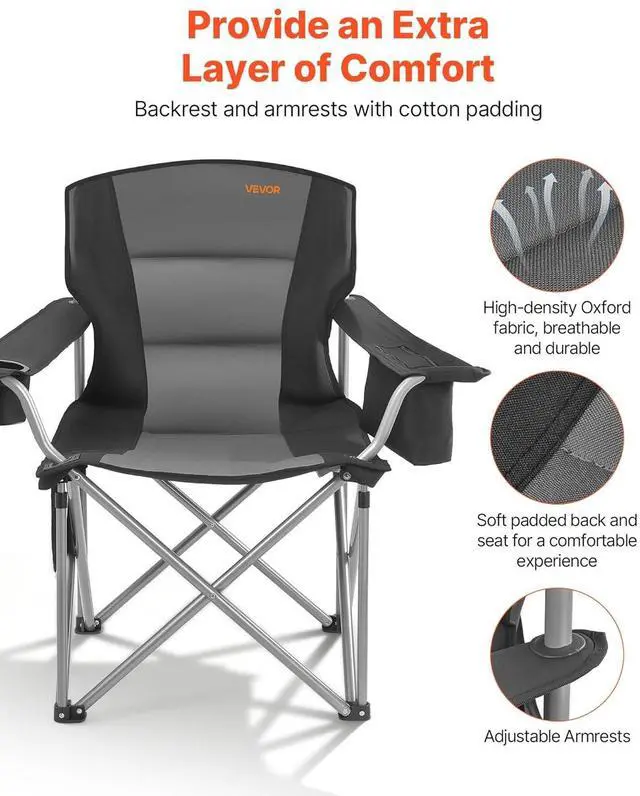 Alt view image 7 of 7 - Oversized Camping Folding Chair, Portable Heavy Duty Outdoor Quad Lumbar Back Padded with Side Pockets, Cup Holder and Cooler Bag for Beach, Lawn, Picnic, Fishing, Backpacking, 2 Pack