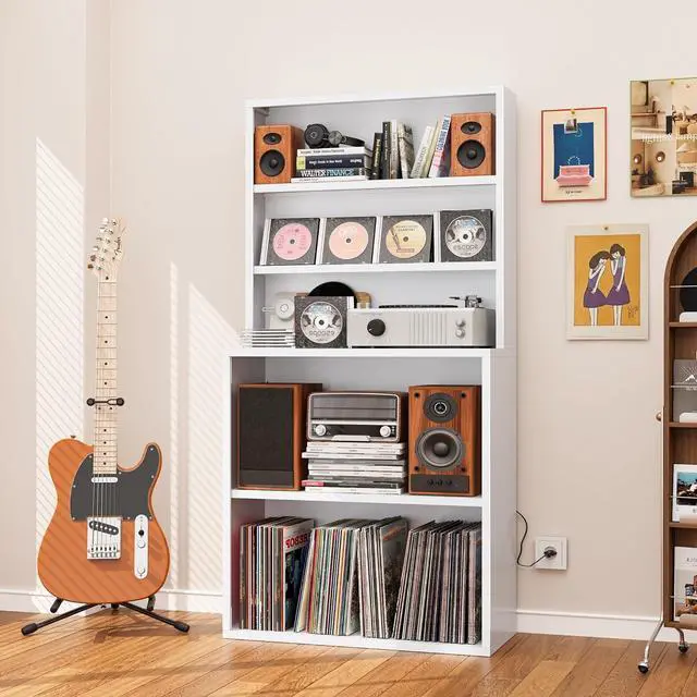 Main image of 5-Tier Metal Record Player Stand, 55" Tall Vinyl Record & CD/DVD Rack, White Media Cabinet CD Storag
