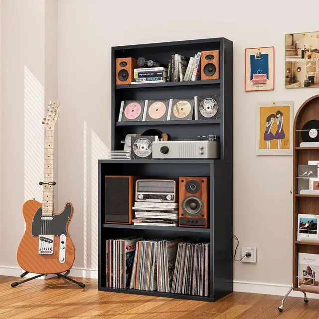 Main image of 5-Tier Metal Record Player Stand, 55" Tall Vinyl Record & CD/DVD Rack, Black Media Cabinet CD Storag