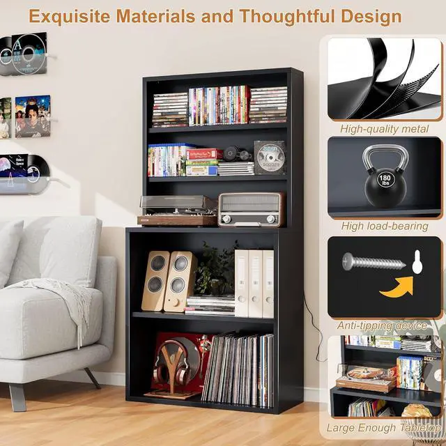 Alt view image 4 of 6 - 5-Tier Metal Record Player Stand, 55" Tall Vinyl Record & CD/DVD Rack, Black Media Cabinet CD Storag