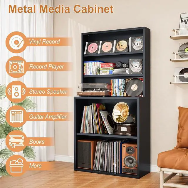 Alt view image 5 of 6 - 5-Tier Metal Record Player Stand, 55" Tall Vinyl Record & CD/DVD Rack, Black Media Cabinet CD Storag