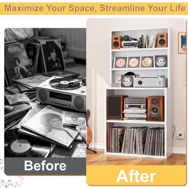 Alt view image 6 of 6 - 5-Tier Metal Record Player Stand, 55" Tall Vinyl Record & CD/DVD Rack, White Media Cabinet CD Storag