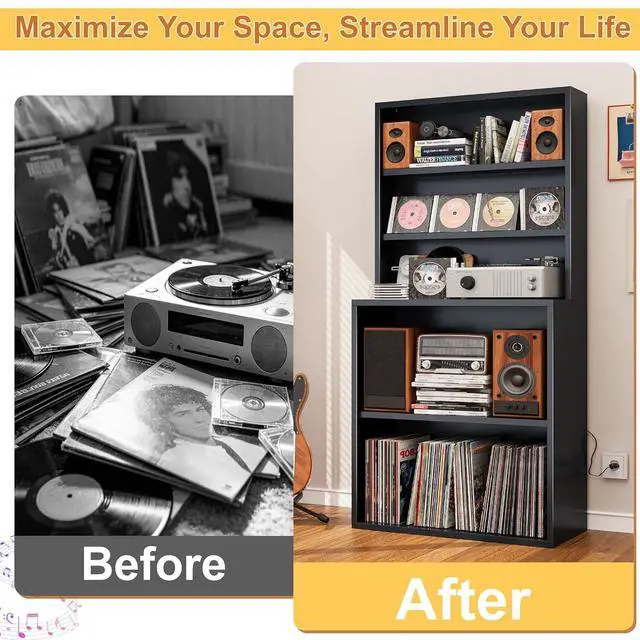 Alt view image 6 of 6 - 5-Tier Metal Record Player Stand, 55" Tall Vinyl Record & CD/DVD Rack, Black Media Cabinet CD Storag