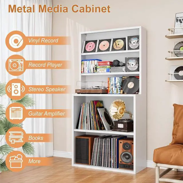 Alt view image 5 of 6 - 5-Tier Metal Record Player Stand, 55" Tall Vinyl Record & CD/DVD Rack, White Media Cabinet CD Storag