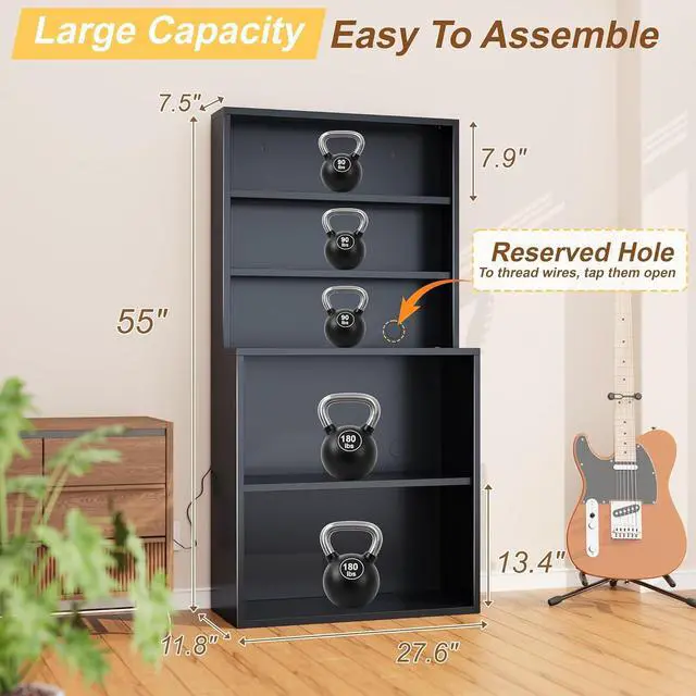 Alt view image 2 of 6 - 5-Tier Metal Record Player Stand, 55" Tall Vinyl Record & CD/DVD Rack, Black Media Cabinet CD Storag