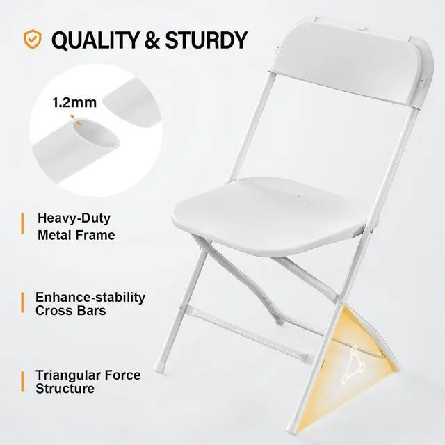 Alt view image 4 of 7 - 4 Pack White Plastic Folding Chair, Indoor Outdoor Portable Stackable Commercial Seat with Steel Frame 350lb. Capacity for Events Office Wedding Party Picnic Kitchen Dining