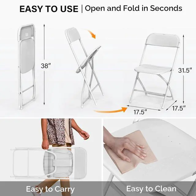 Alt view image 3 of 7 - 4 Pack White Plastic Folding Chair, Indoor Outdoor Portable Stackable Commercial Seat with Steel Frame 350lb. Capacity for Events Office Wedding Party Picnic Kitchen Dining