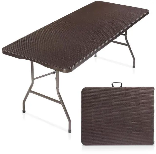Main image of 6 Foot Plastic Folding Table Portable Long Table for Indoor Outdoor Use Rectangular with Carrying Handle,Rattan Patterned HDPE Tabletop, Brown