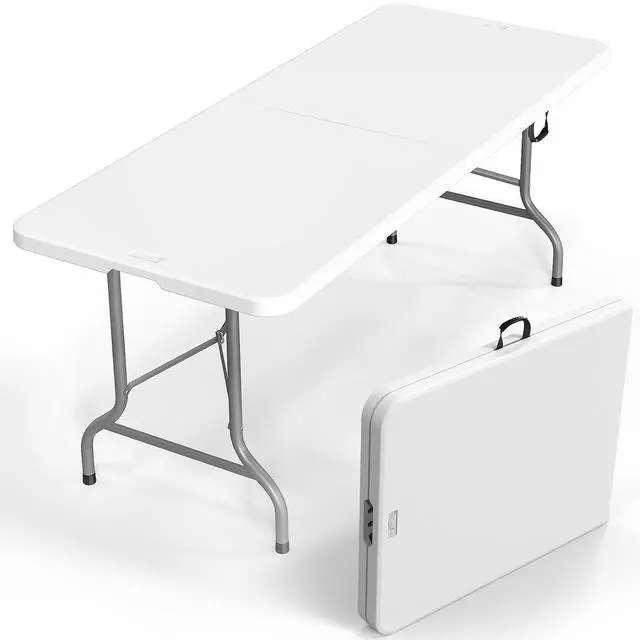 Main image of 6 Foot Plastic Folding Table Portable Long Table for Indoor Outdoor Use Rectangular with Carrying Handle, Smooth HDPE Tabletop, White