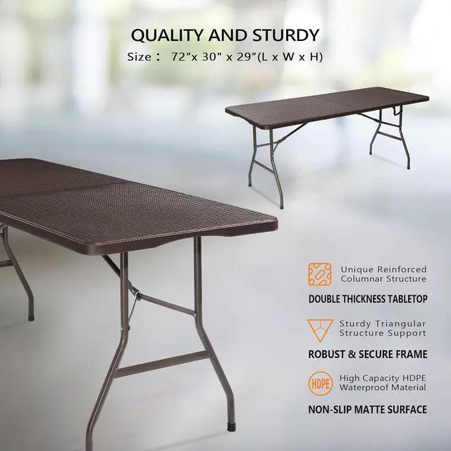 Alt view image 3 of 7 - 6 Foot Plastic Folding Table Portable Long Table for Indoor Outdoor Use Rectangular with Carrying Handle,Rattan Patterned HDPE Tabletop, Brown