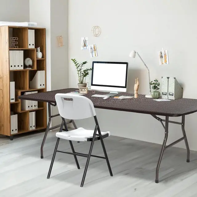 Alt view image 6 of 7 - 6 Foot Plastic Folding Table Portable Long Table for Indoor Outdoor Use Rectangular with Carrying Handle,Rattan Patterned HDPE Tabletop, Brown