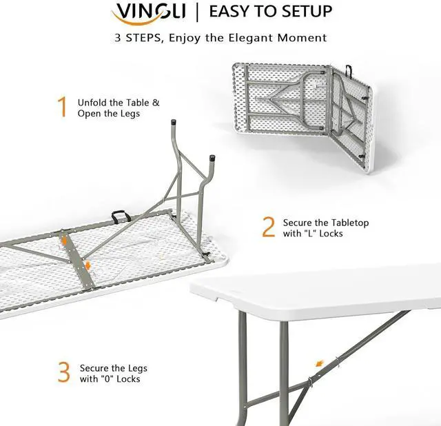 Alt view image 4 of 7 - 6 Foot Plastic Folding Table Portable Long Table for Indoor Outdoor Use Rectangular with Carrying Handle, Smooth HDPE Tabletop, White