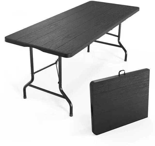 Main image of 6 Foot Plastic Folding Table Portable Long Table for Indoor Outdoor Use Rectangular with Carrying Handle, Tree Patterned HDPE Tabletop, Black