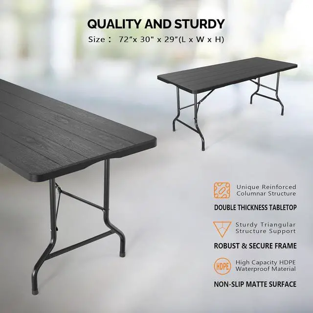 Alt view image 3 of 7 - 6 Foot Plastic Folding Table Portable Long Table for Indoor Outdoor Use Rectangular with Carrying Handle, Tree Patterned HDPE Tabletop, Black