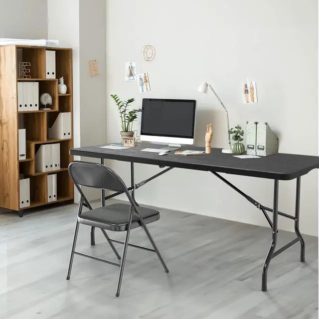 Alt view image 6 of 7 - 6 Foot Plastic Folding Table Portable Long Table for Indoor Outdoor Use Rectangular with Carrying Handle, Tree Patterned HDPE Tabletop, Black