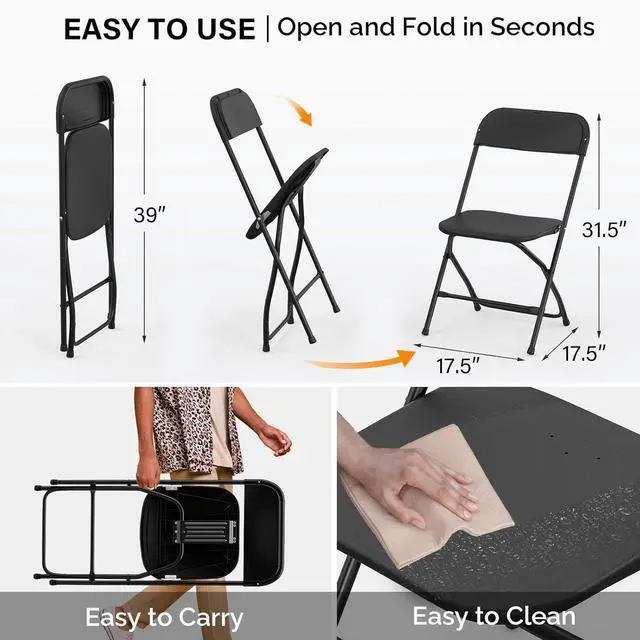 Alt view image 3 of 7 - 4 Pack Black Plastic Folding Chair, Indoor Outdoor Portable Stackable Commercial Seat with Steel Frame 350lb. Capacity for Events Office Wedding Party Picnic Kitchen Dining