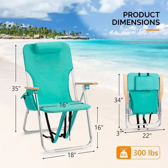 Alt view image 2 of 6 - 17" Tall Beach Chairs for Adults,Aluminum 4-Position Backpack Beach Chair with Wooden Armrests,Folding Lawn Chair for Outdoor, Camping, Patio