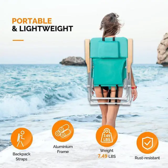 Alt view image 4 of 6 - 17" Tall Beach Chairs for Adults,Aluminum 4-Position Backpack Beach Chair with Wooden Armrests,Folding Lawn Chair for Outdoor, Camping, Patio