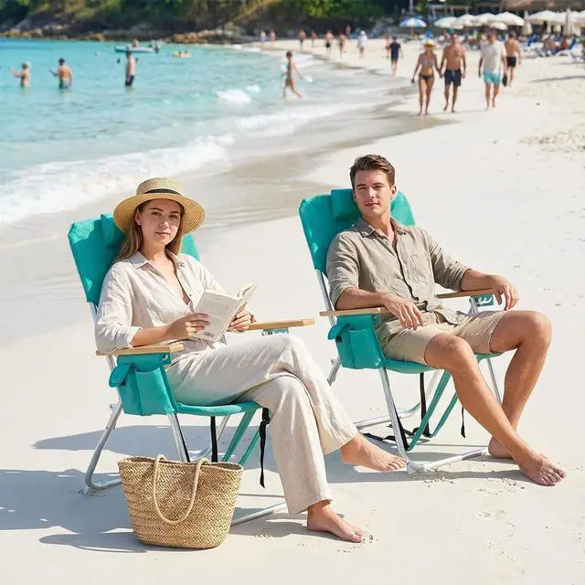 Alt view image 3 of 6 - 17" Tall Beach Chairs for Adults,Aluminum 4-Position Backpack Beach Chair with Wooden Armrests,Folding Lawn Chair for Outdoor, Camping, Patio