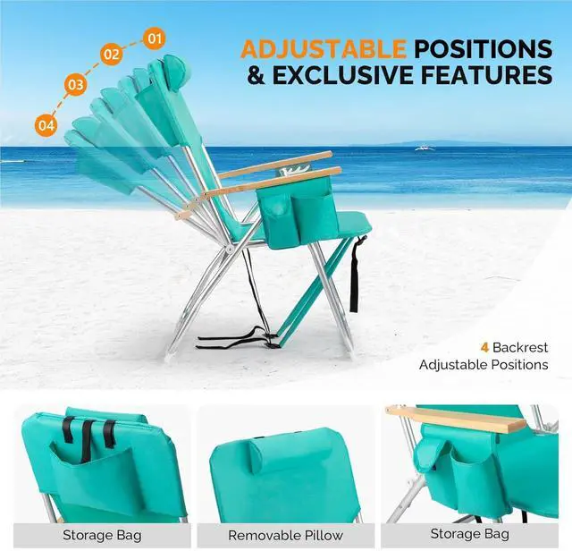 Alt view image 5 of 6 - 17" Tall Beach Chairs for Adults,Aluminum 4-Position Backpack Beach Chair with Wooden Armrests,Folding Lawn Chair for Outdoor, Camping, Patio