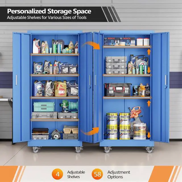 Alt view image 4 of 7 - Rolling Metal Storage Cabinet with Adjustable Shelves, 71'' Tall Garage Storage Cabinet with Wheels, Locking Tool Cabinets for Home Office Garage Gym School (Blue)