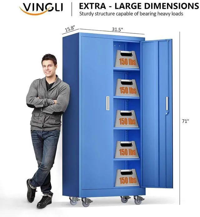 Alt view image 3 of 7 - Rolling Metal Storage Cabinet with Adjustable Shelves, 71'' Tall Garage Storage Cabinet with Wheels, Locking Tool Cabinets for Home Office Garage Gym School (Blue)