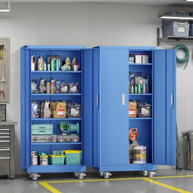 Alt view image 2 of 7 - Rolling Metal Storage Cabinet with Adjustable Shelves, 71'' Tall Garage Storage Cabinet with Wheels, Locking Tool Cabinets for Home Office Garage Gym School (Blue)