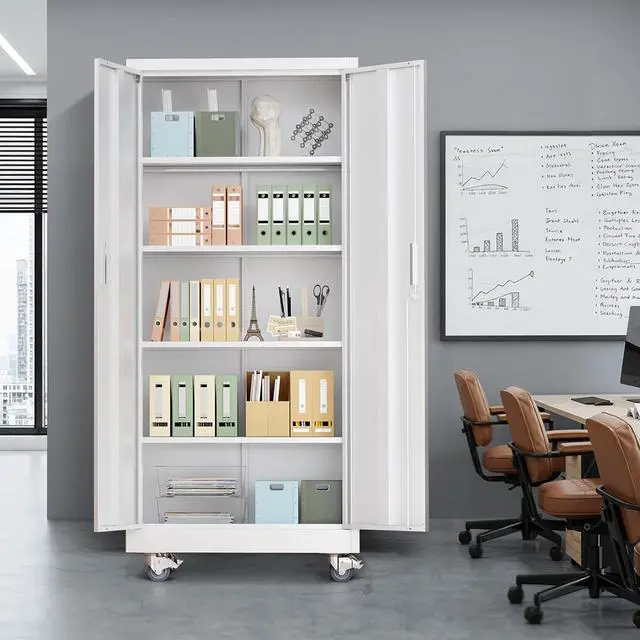 Alt view image 2 of 7 - Rolling Metal Storage Cabinet with Adjustable Shelves, 71'' Tall Garage Storage Cabinet with Wheels, Locking Tool Cabinets for Home Office Garage Gym School (White)