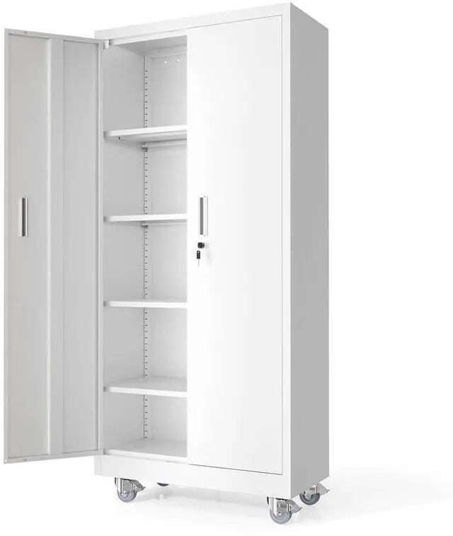 Main image of Rolling Metal Storage Cabinet with Adjustable Shelves, 71'' Tall Garage Storage Cabinet with Wheels, Locking Tool Cabinets for Home Office Garage Gym School (White)