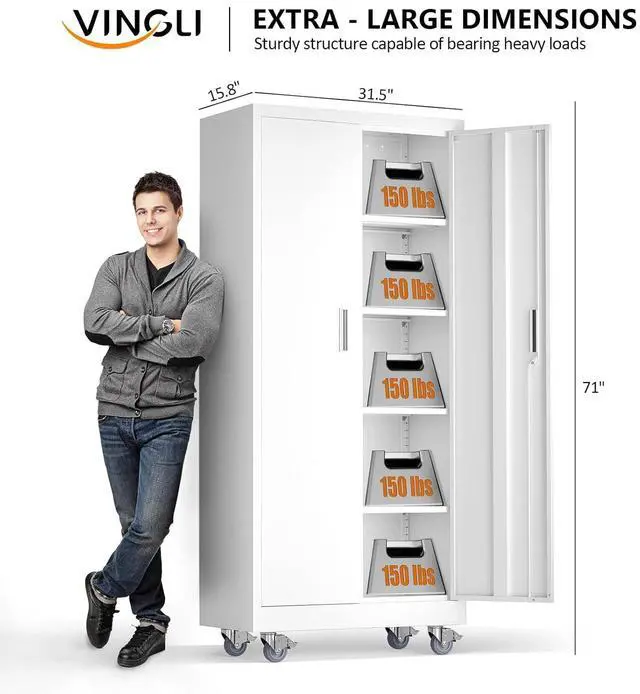 Alt view image 3 of 7 - Rolling Metal Storage Cabinet with Adjustable Shelves, 71'' Tall Garage Storage Cabinet with Wheels, Locking Tool Cabinets for Home Office Garage Gym School (White)
