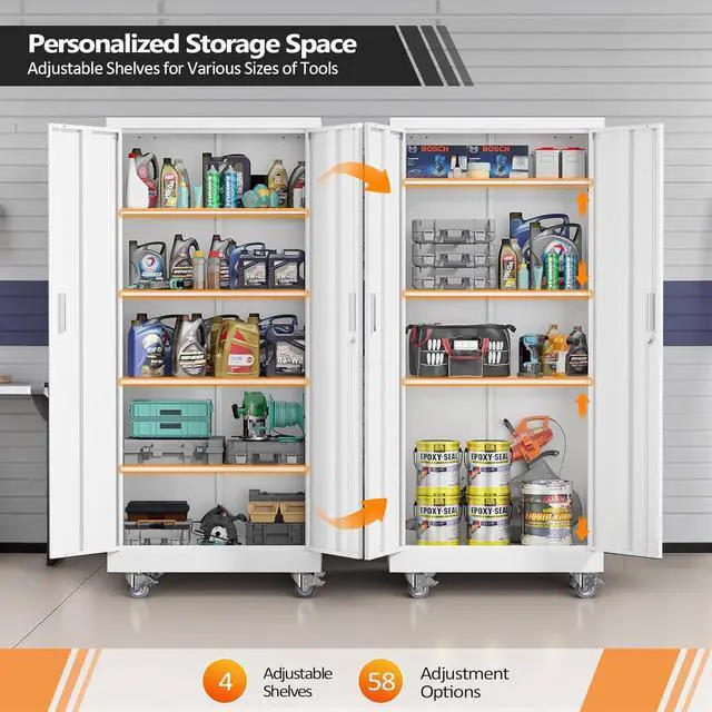 Alt view image 4 of 7 - Rolling Metal Storage Cabinet with Adjustable Shelves, 71'' Tall Garage Storage Cabinet with Wheels, Locking Tool Cabinets for Home Office Garage Gym School (White)