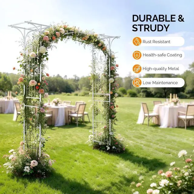 Alt view image 4 of 7 - Garden Arbor, Arch Archway for Wedding Ceremony Party, Steel Garden Trellis for Plant Climbing, Christmas Garden Decorations Pergola for Garden, Backyard, Lawn (White)