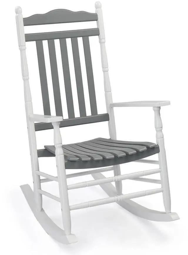 Main image of Wooden Rocking Chair, Outdoor Chair with 450 lbs Support, Relaxing Rocker with Solid Wood High Back Seat Reclining Seat for Deck, Garden, Backyard, Porch (White & Grey, 1PC)