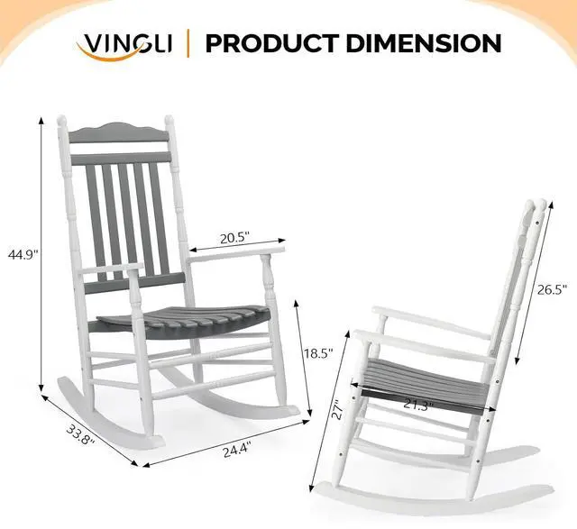 Alt view image 3 of 7 - Wooden Rocking Chair, Outdoor Chair with 450 lbs Support, Relaxing Rocker with Solid Wood High Back Seat Reclining Seat for Deck, Garden, Backyard, Porch (White & Grey, 1PC)