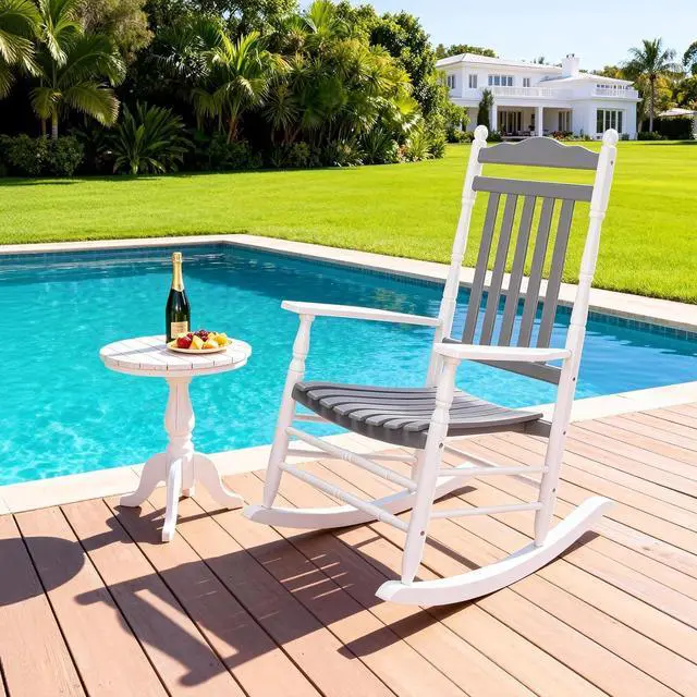 Alt view image 7 of 7 - Wooden Rocking Chair, Outdoor Chair with 450 lbs Support, Relaxing Rocker with Solid Wood High Back Seat Reclining Seat for Deck, Garden, Backyard, Porch (White & Grey, 1PC)