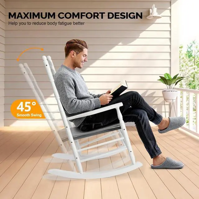 Alt view image 5 of 7 - Wooden Rocking Chair, Outdoor Chair with 450 lbs Support, Relaxing Rocker with Solid Wood High Back Seat Reclining Seat for Deck, Garden, Backyard, Porch (White & Grey, 1PC)