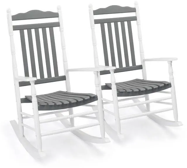 Main image of Wooden Rocking Chair Outdoor, Patio Rockers with High Back, Support 450 LBS Rocking Chairs, for Porch, Patio, Balcony, Garden, Yard (White&Grey, 2 PCS)