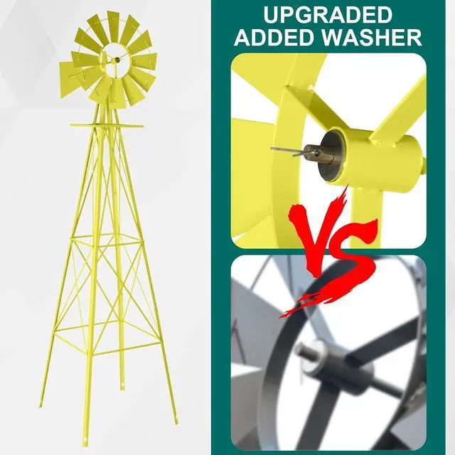 Alt view image 2 of 7 - 8FT Ornamental Windmill Backyard Garden Decoration Weather Vane, Heavy Duty Metal Wind Mill w/ 4 Legs Design (Yellow)